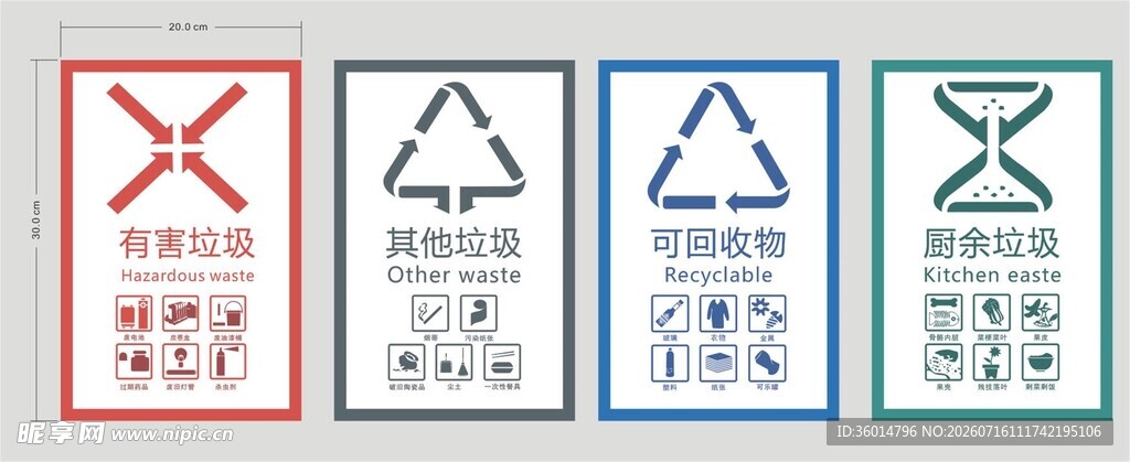 四种垃圾分类图标展示