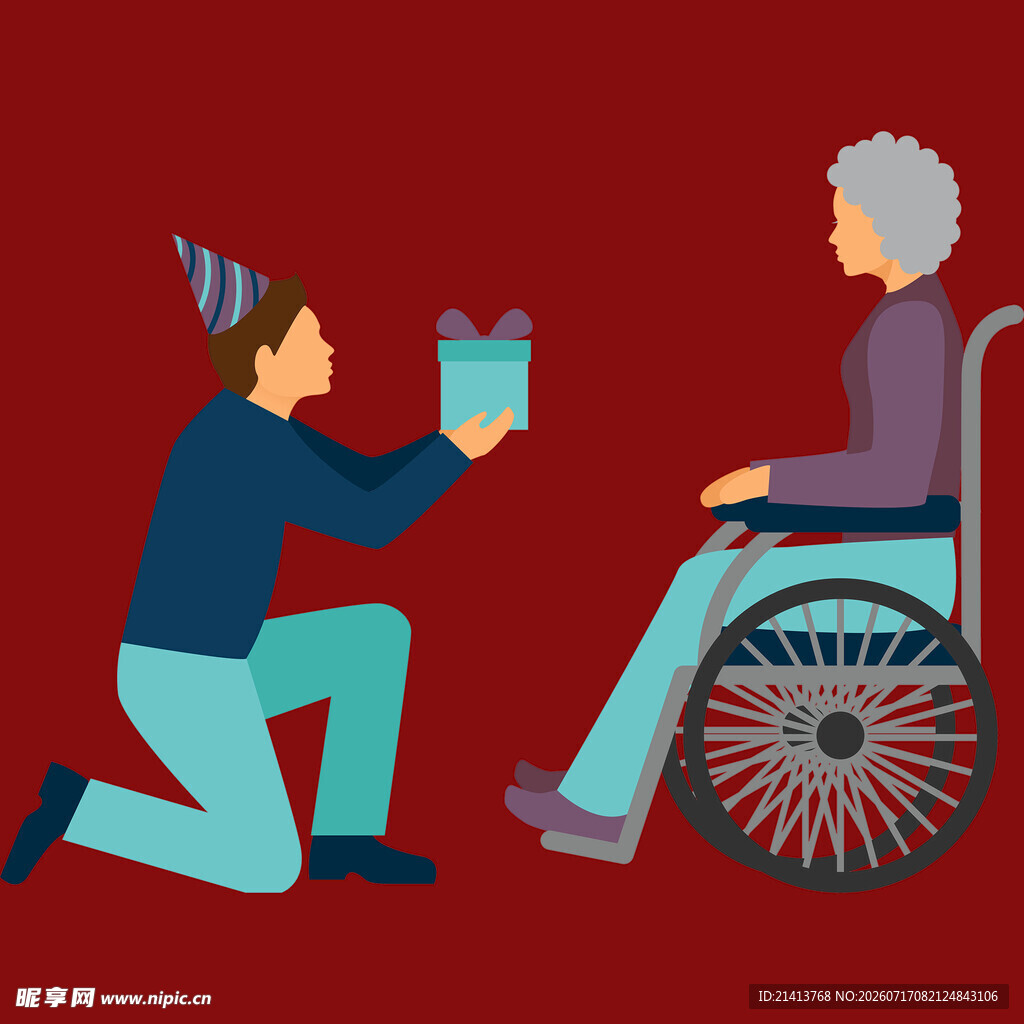 跪地为坐轮椅老人送礼物