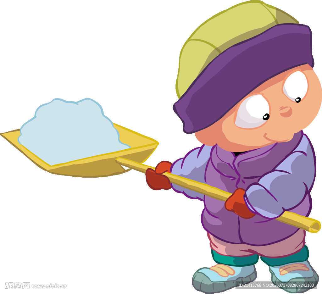 小孩持铲铲雪的卡通画面