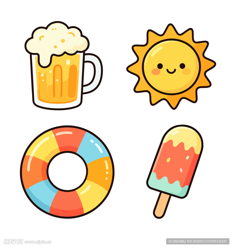 卡通风夏日啤酒太阳游泳圈元素