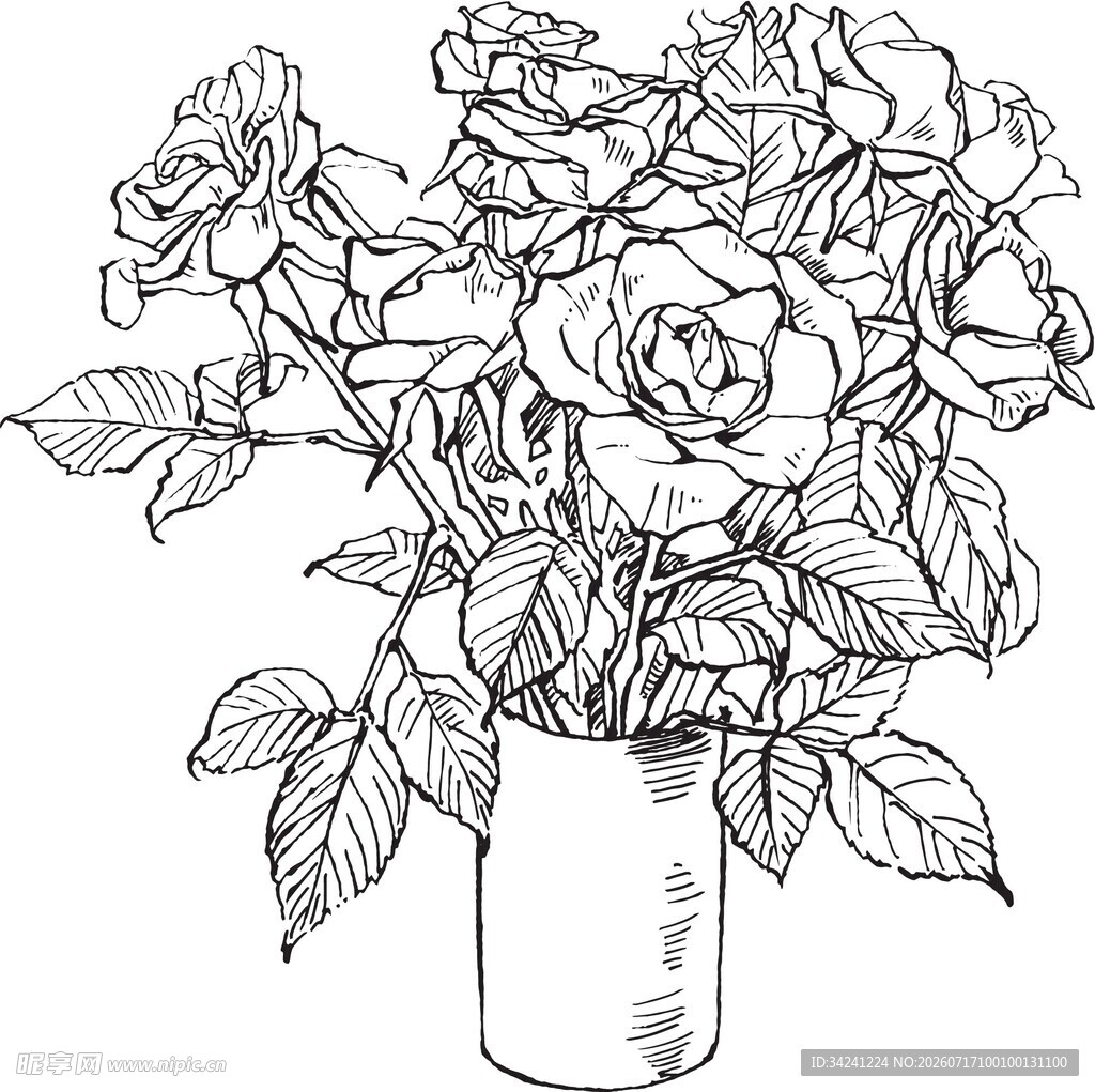 花瓶中的手绘玫瑰花束