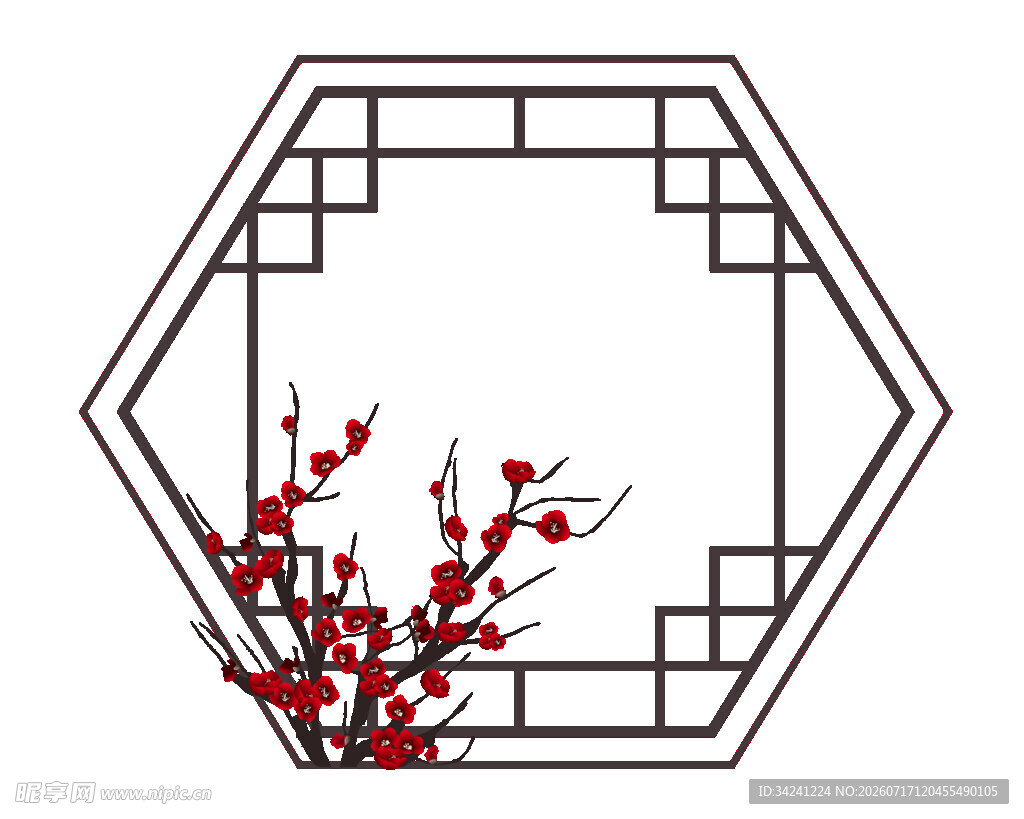 中式六角窗饰红梅图案