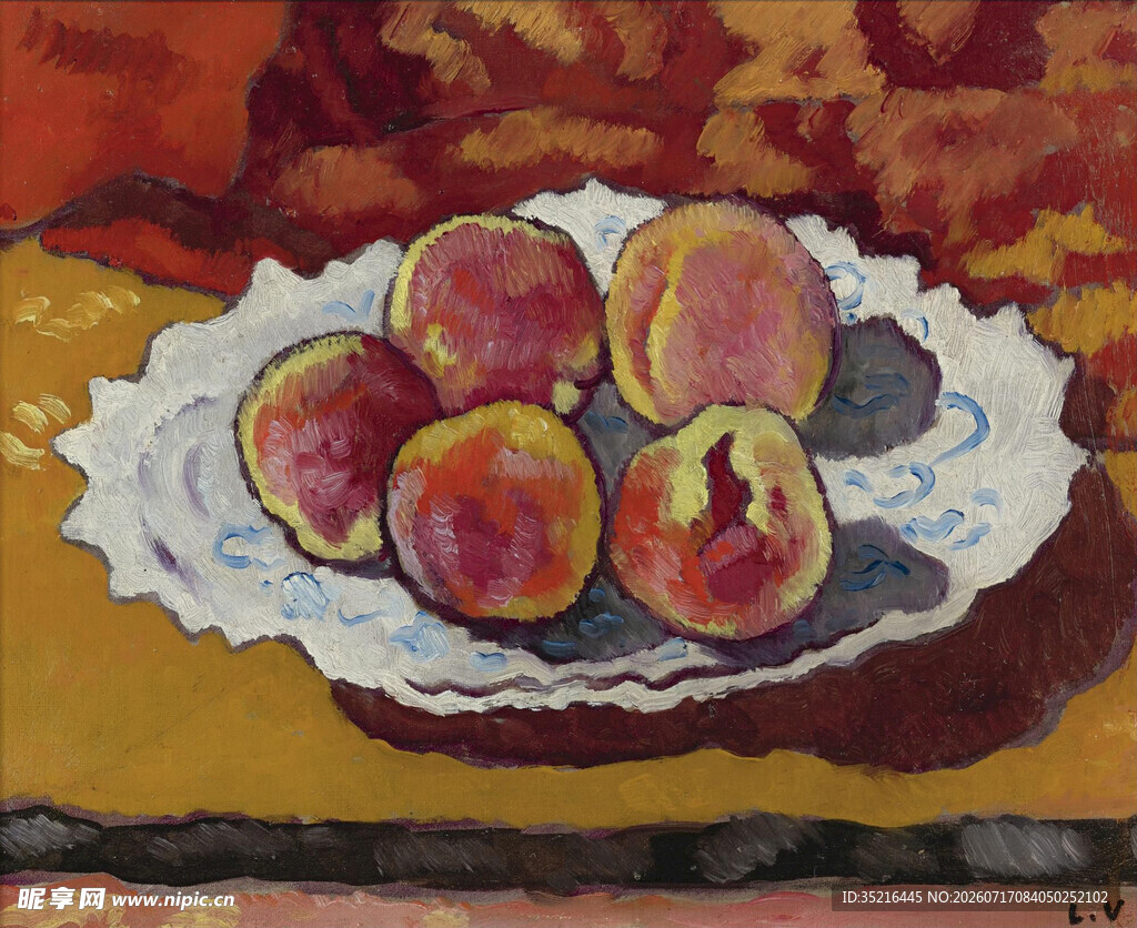 盘中美味桃子油画作品