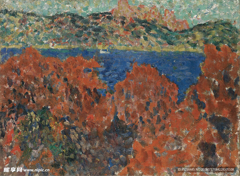 秋日山林湖景油画