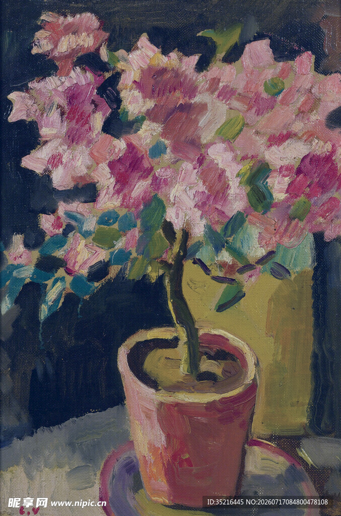 粉色盆栽花卉艺术画作