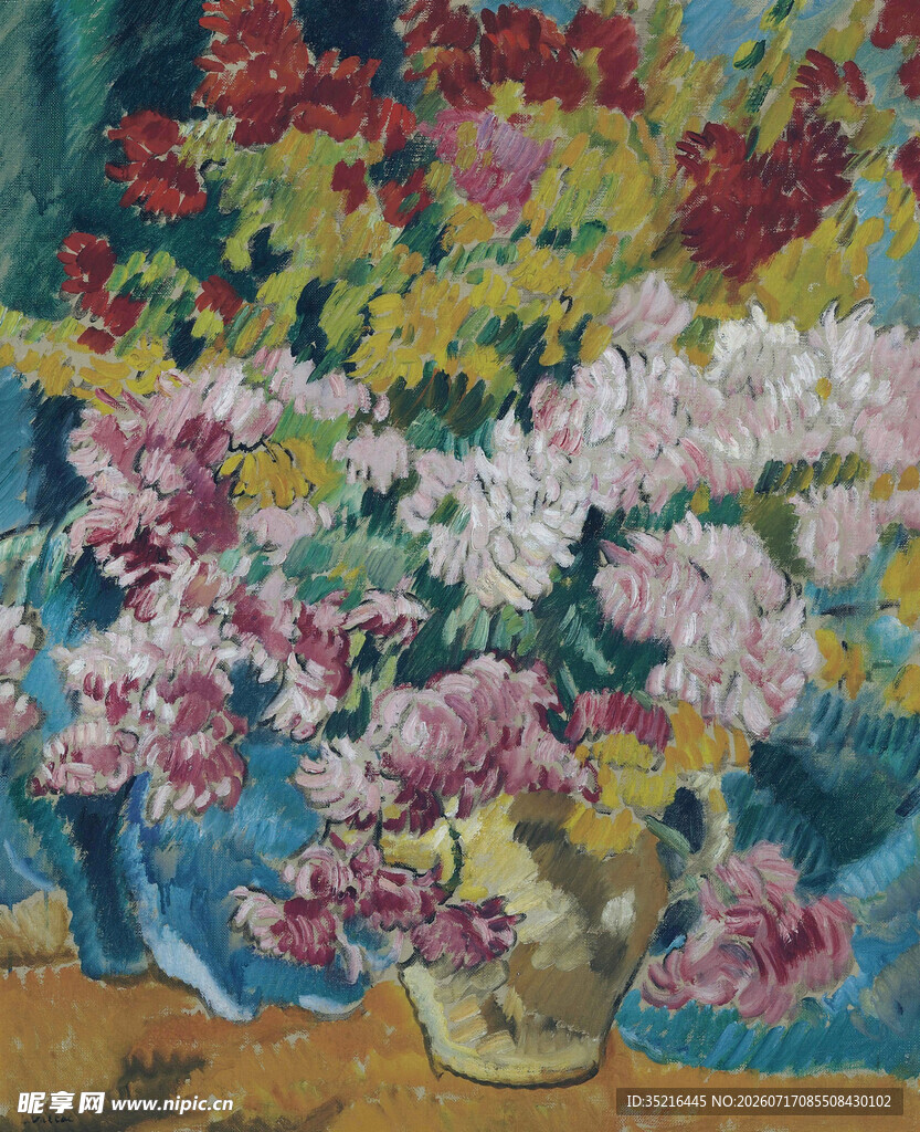 花瓶中的多彩花卉油画