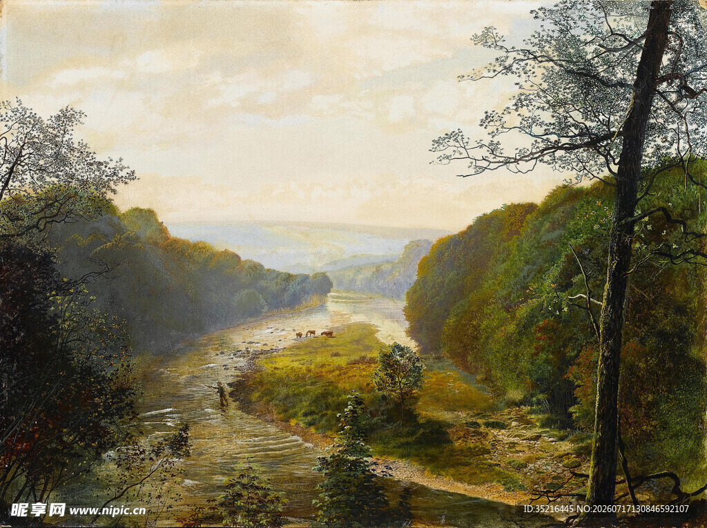 山间河谷风景油画