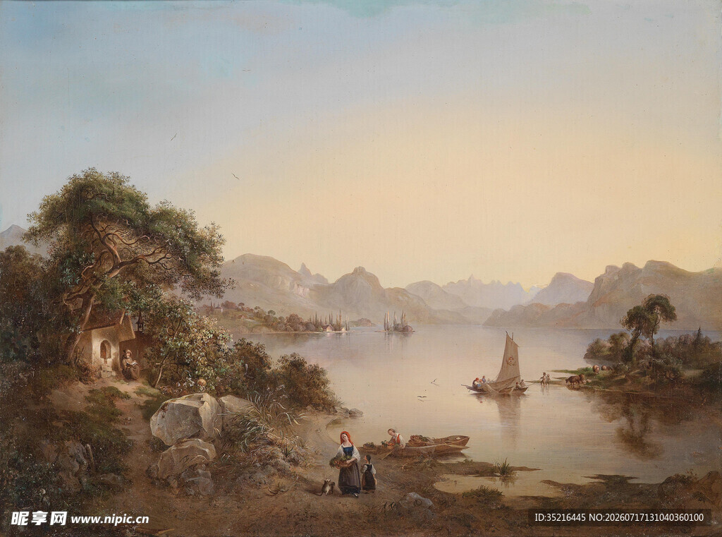 江边山水景致油画