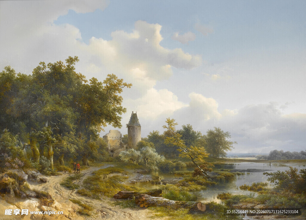 河畔风景油画