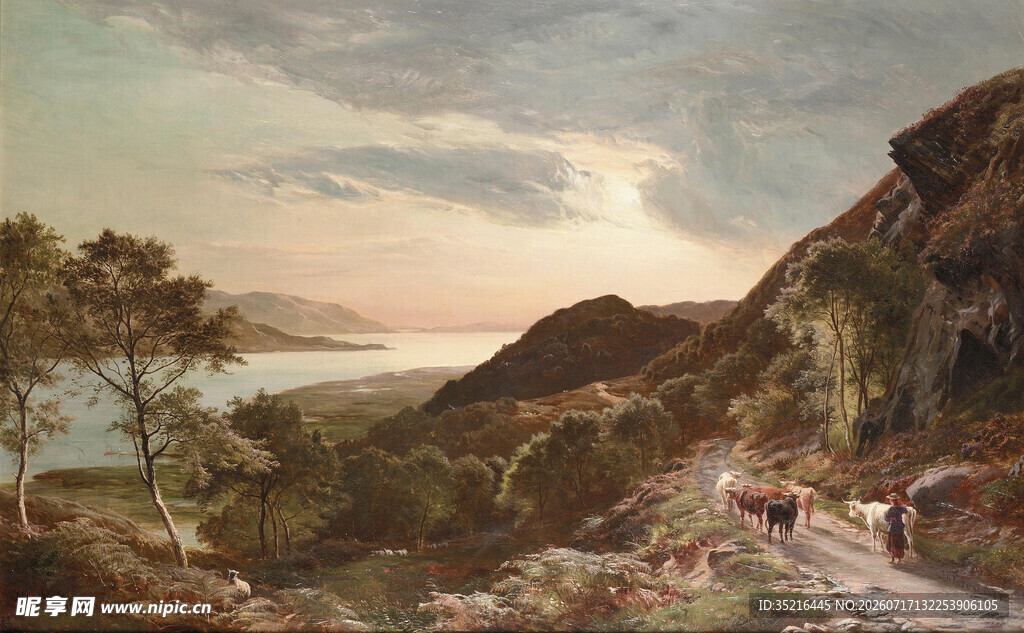 湖畔山间风景油画