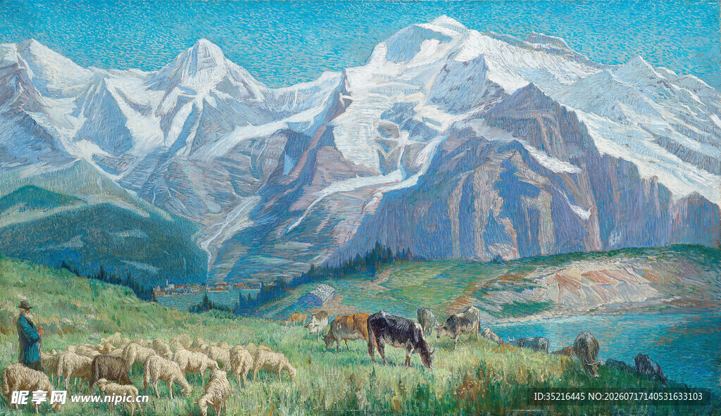 山间湖畔美景油画