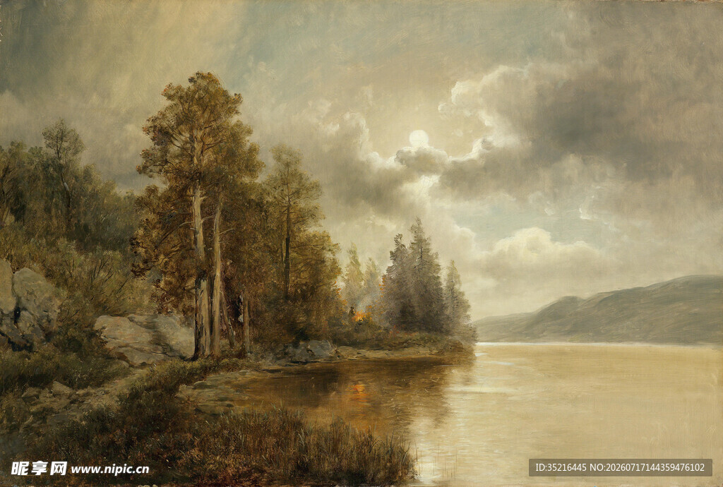 湖畔树林风景油画