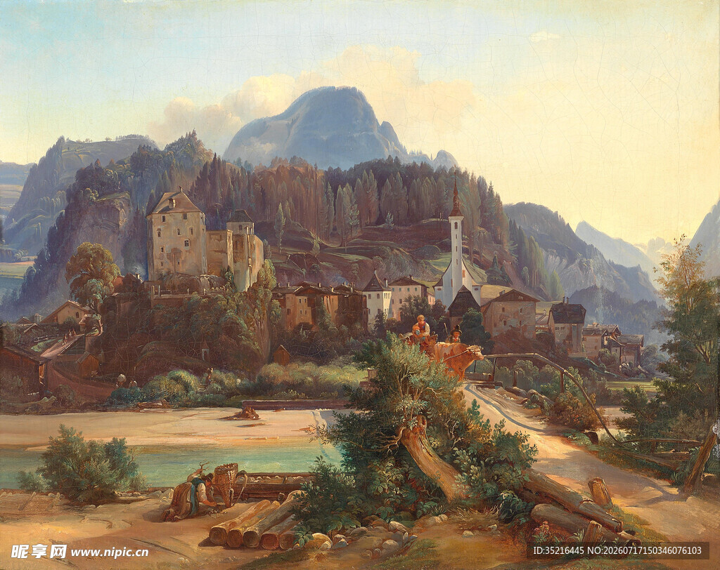 山间城堡风景油画