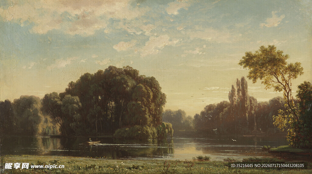 河畔风光油画美景