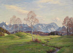 山间绿野风景油画