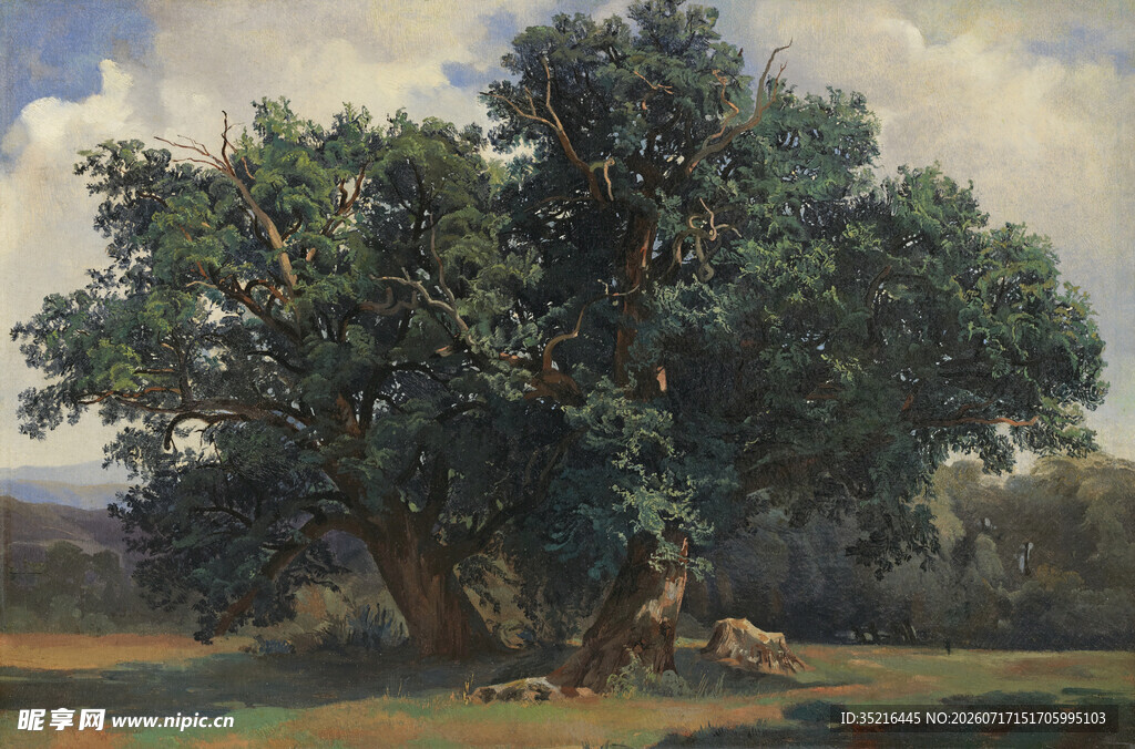 古老大树下的宁静田园景