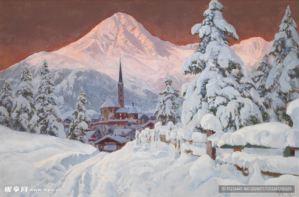 雪覆山林中的红顶小屋