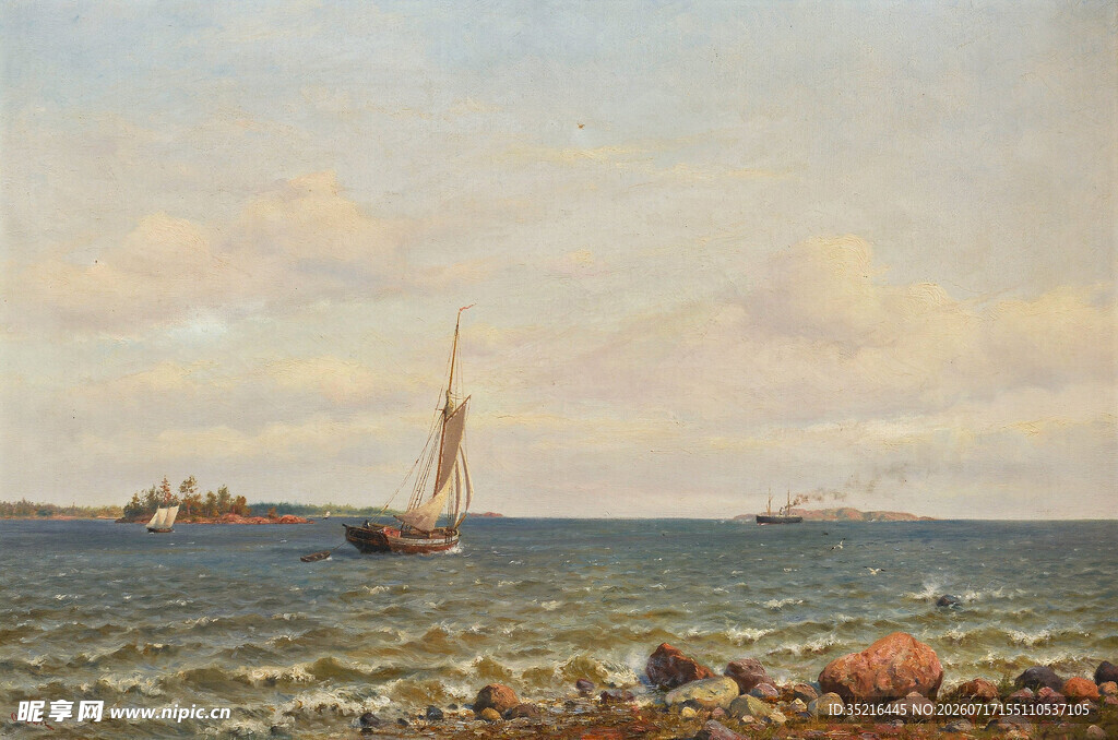 海上帆船风景油画