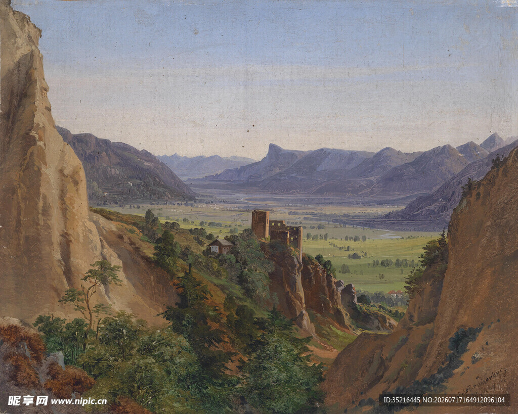 山间城堡风景油画