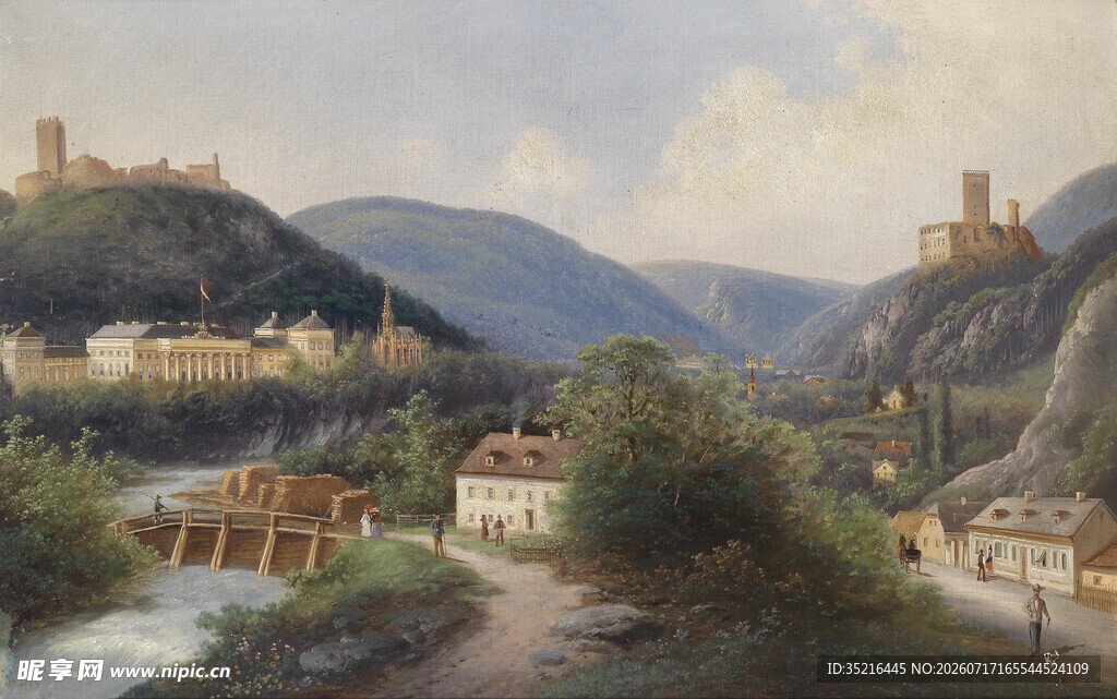 山间村落风景油画
