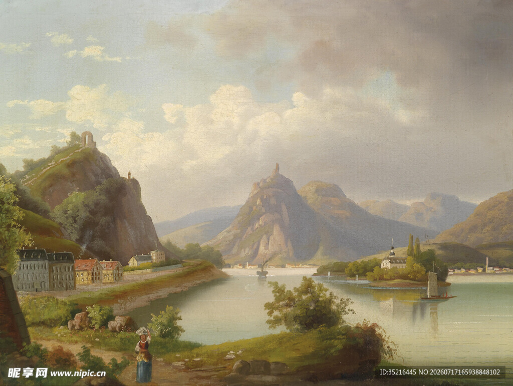 山间河畔风景油画