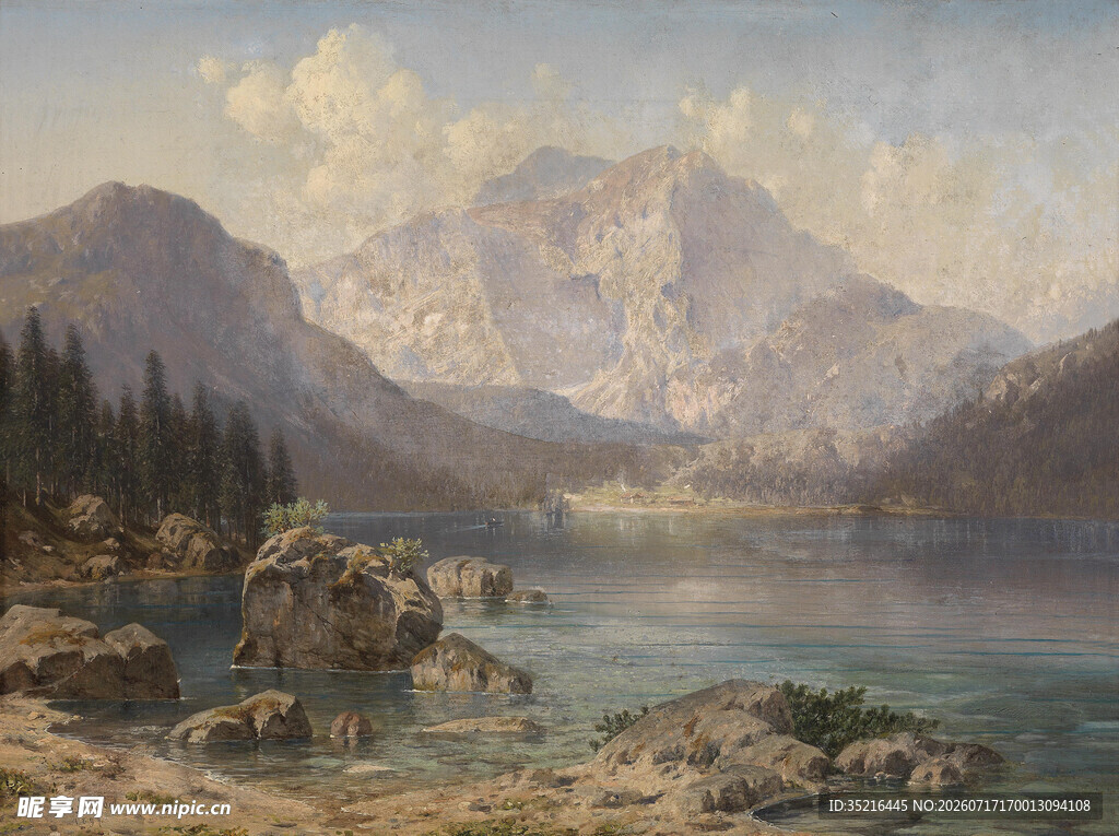 湖畔山峦风景油画