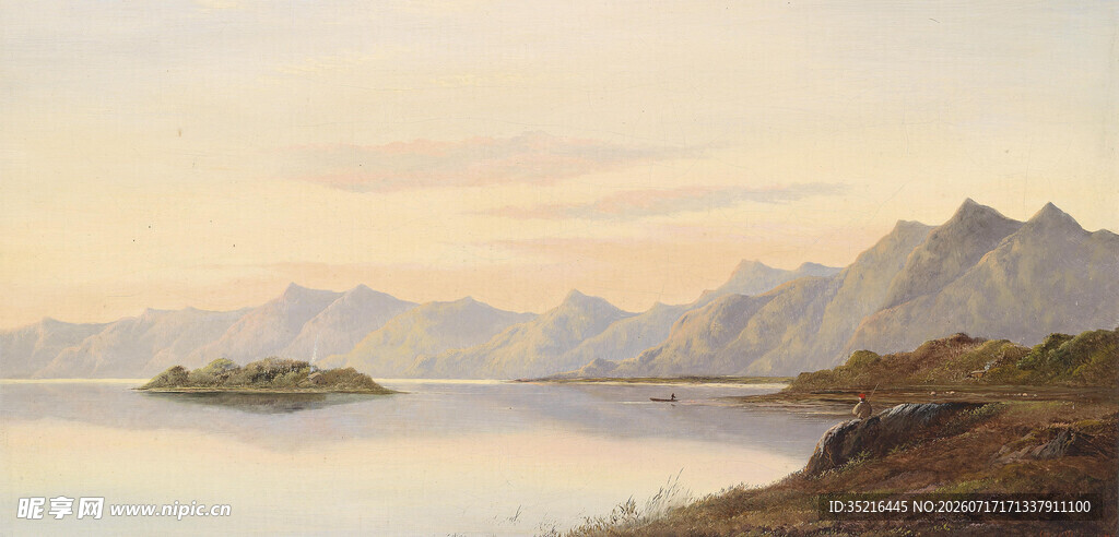 湖畔山峦风景油画