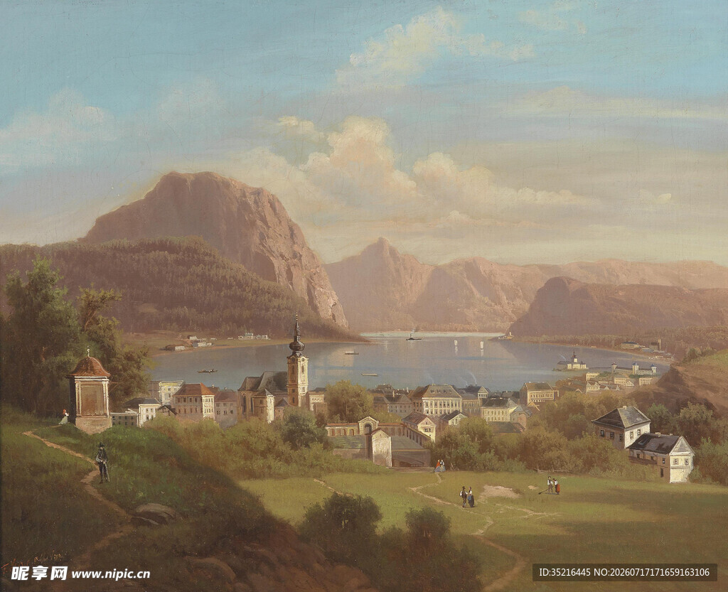 湖畔山村风景油画