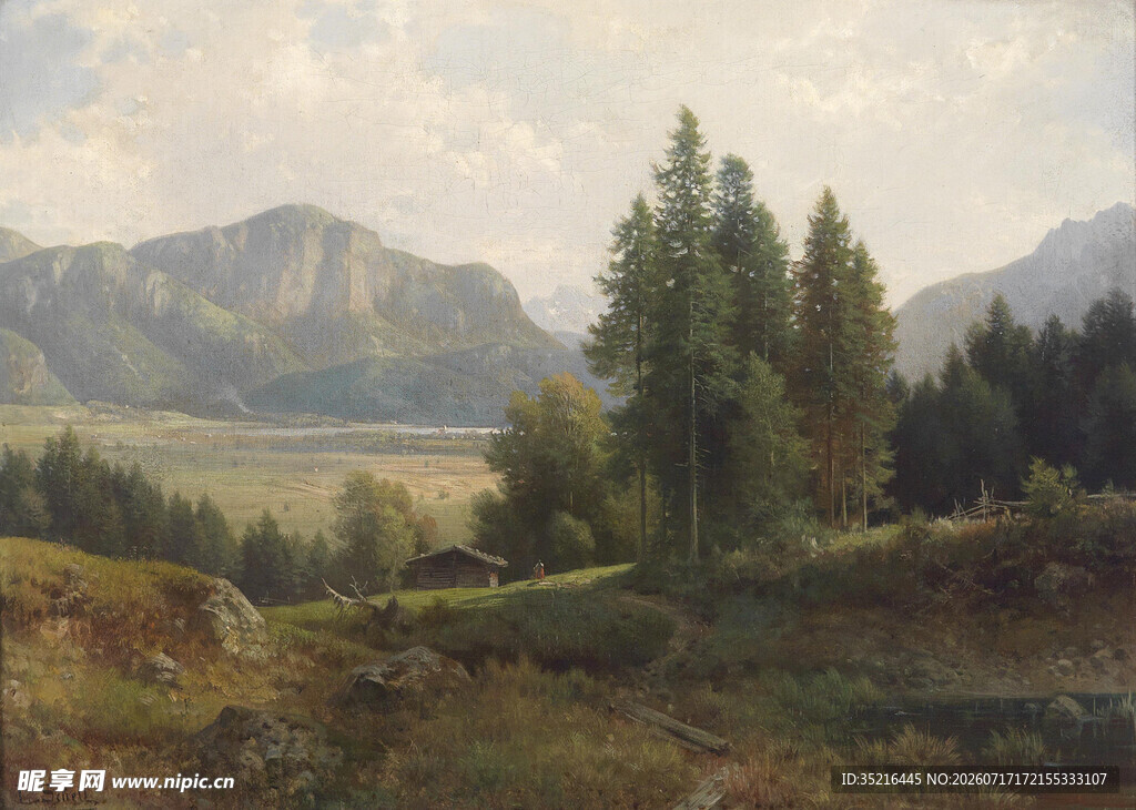 山间松林风景油画
