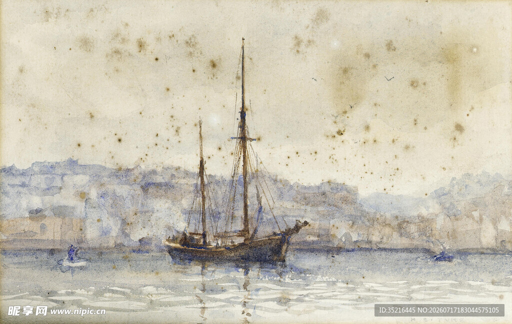 海上帆船水彩画风景