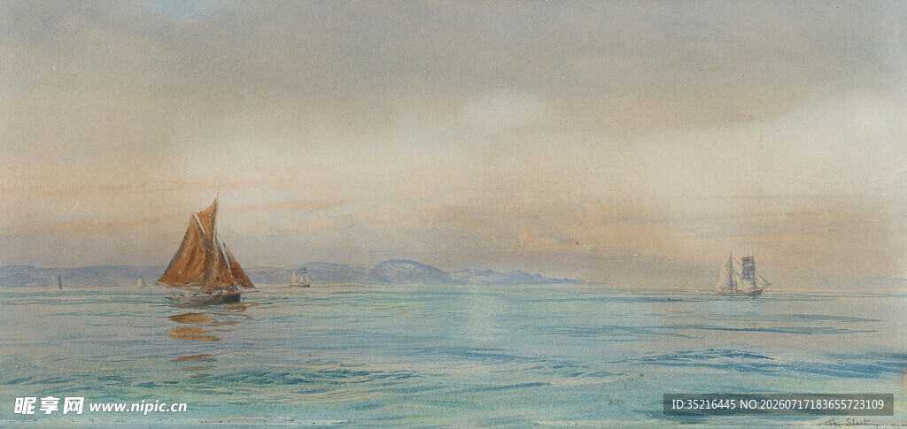 海上孤帆水彩风景图