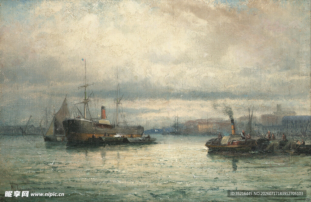 海港船只风景油画