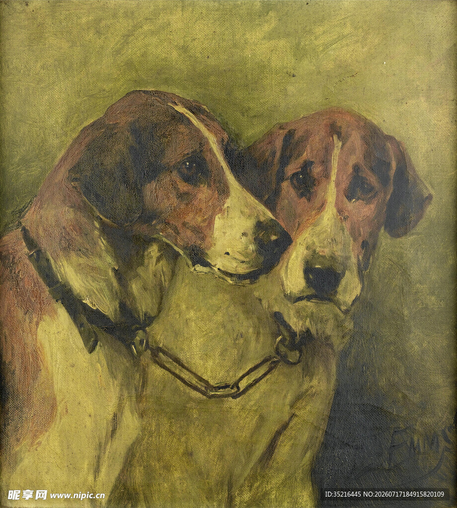 两犬依偎油画图