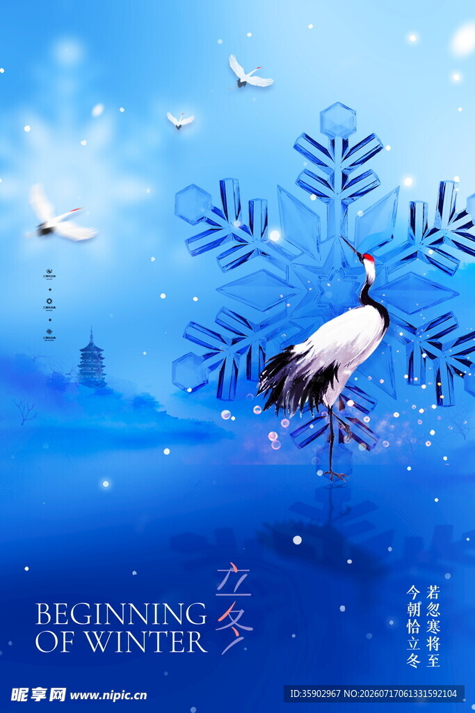 冬日雪景中的优雅丹顶鹤