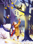 雪地中男孩与奇幻飞鸟景象