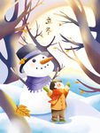 冬日孩童与雪人温馨场景