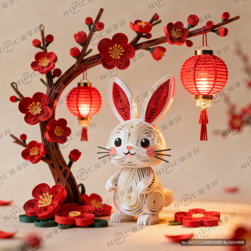 衍纸艺术 春节 可爱兔子 红梅