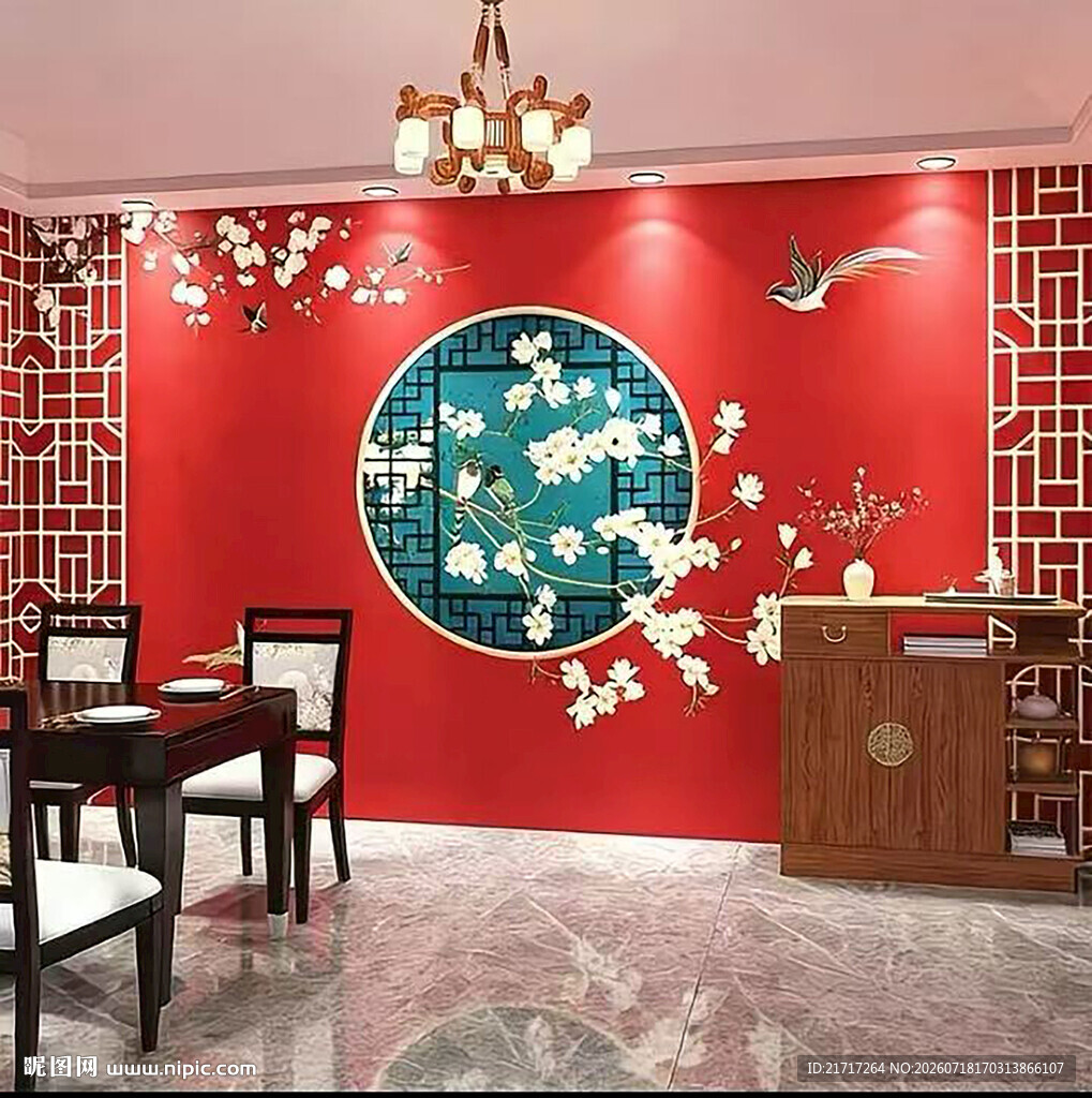 中式花鸟红墙装饰画