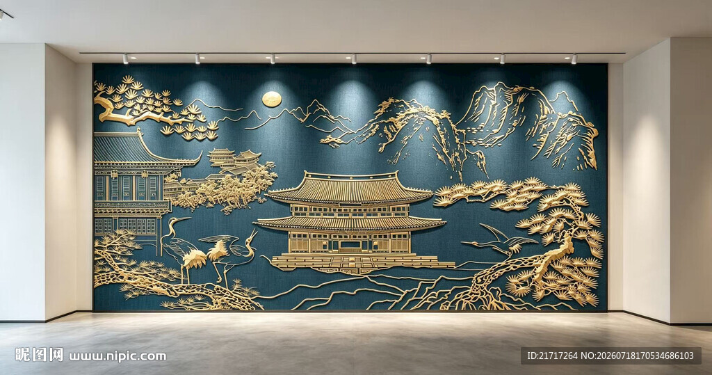 中式金蓝浮雕山水背景墙