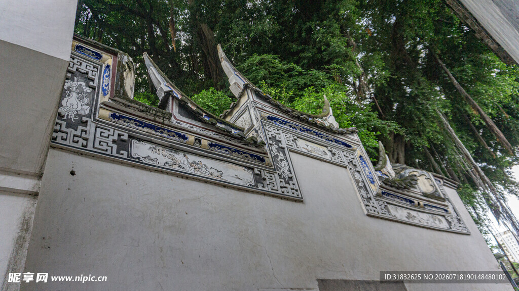 中式古建筑墙面雕刻景观
