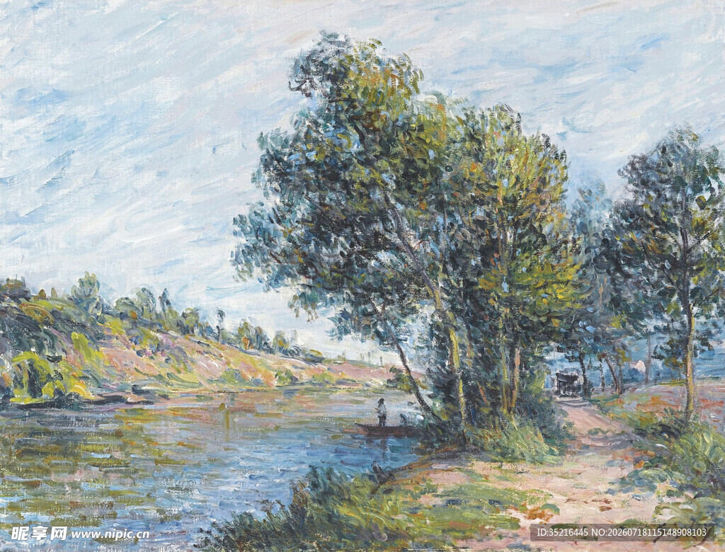 河畔绿树风景油画