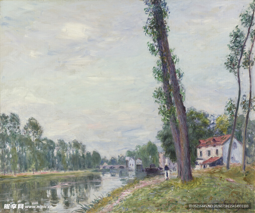 河畔风光油画美景