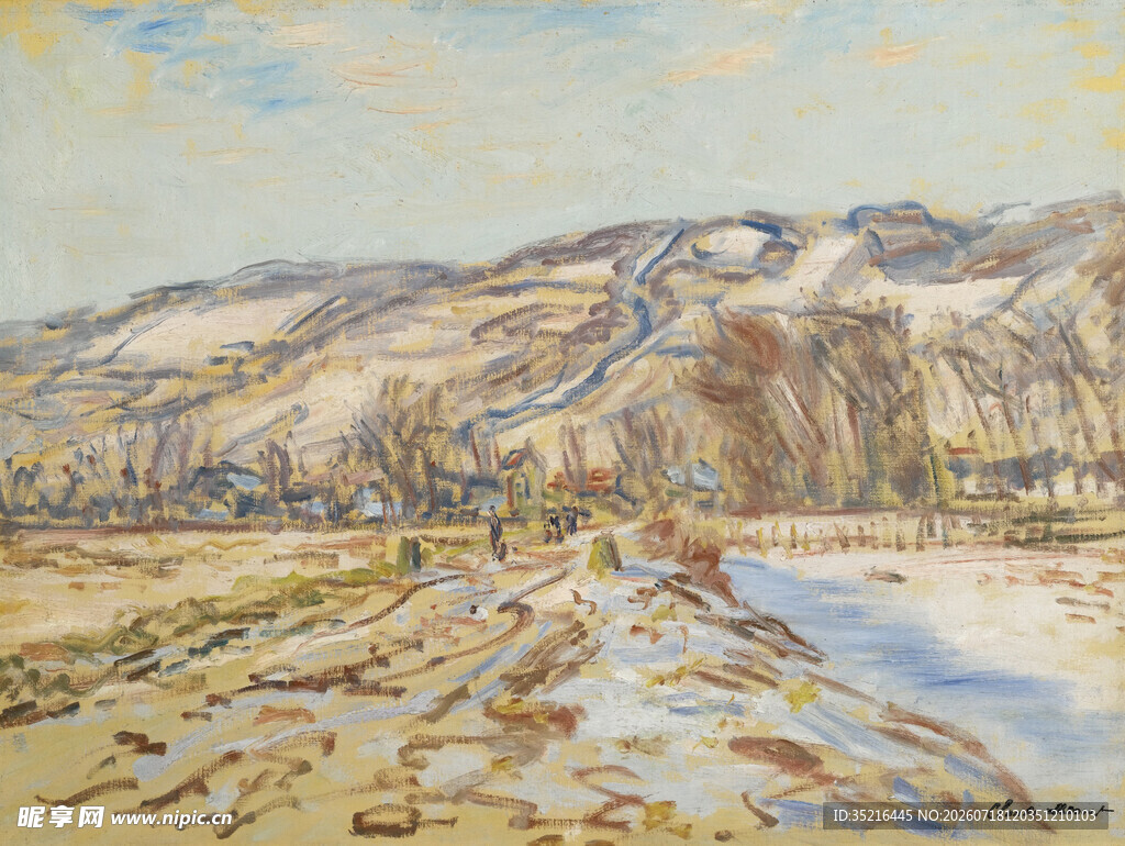 河畔山野风光油画作品