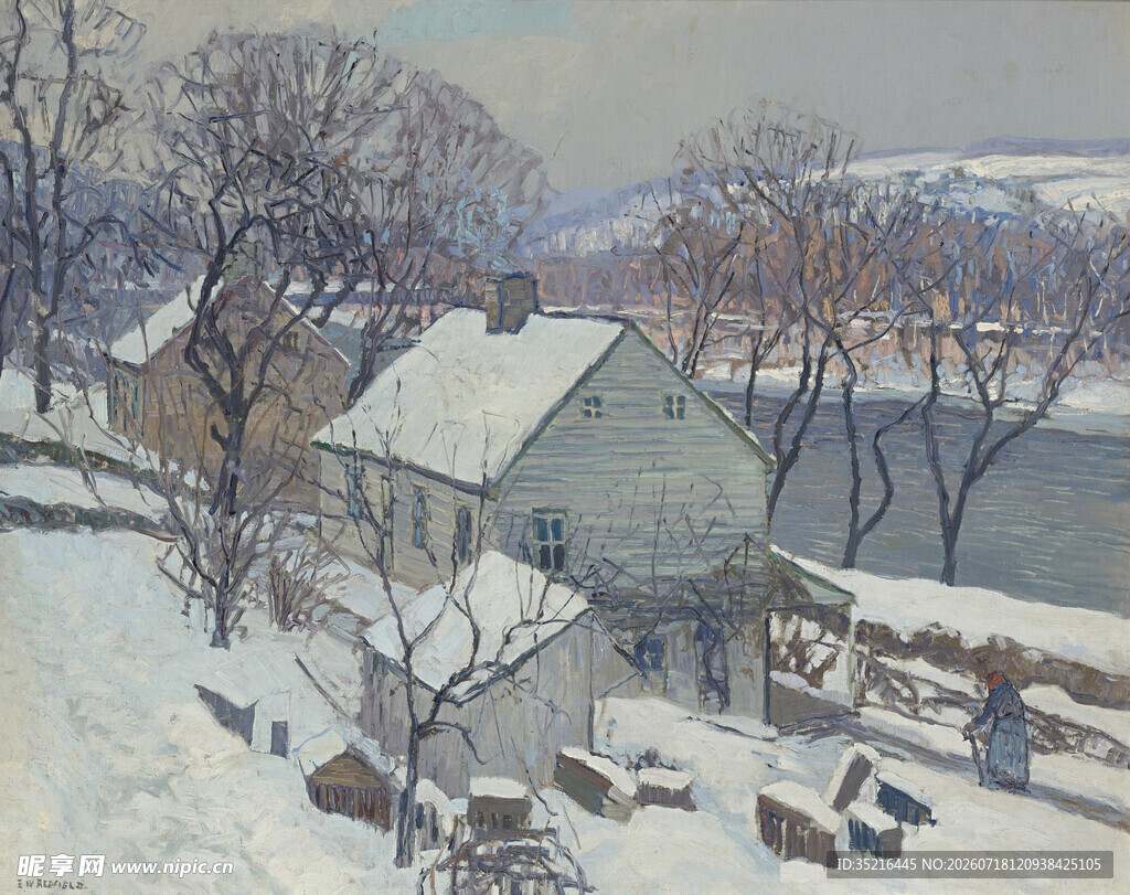 冬日雪中小屋温馨景象