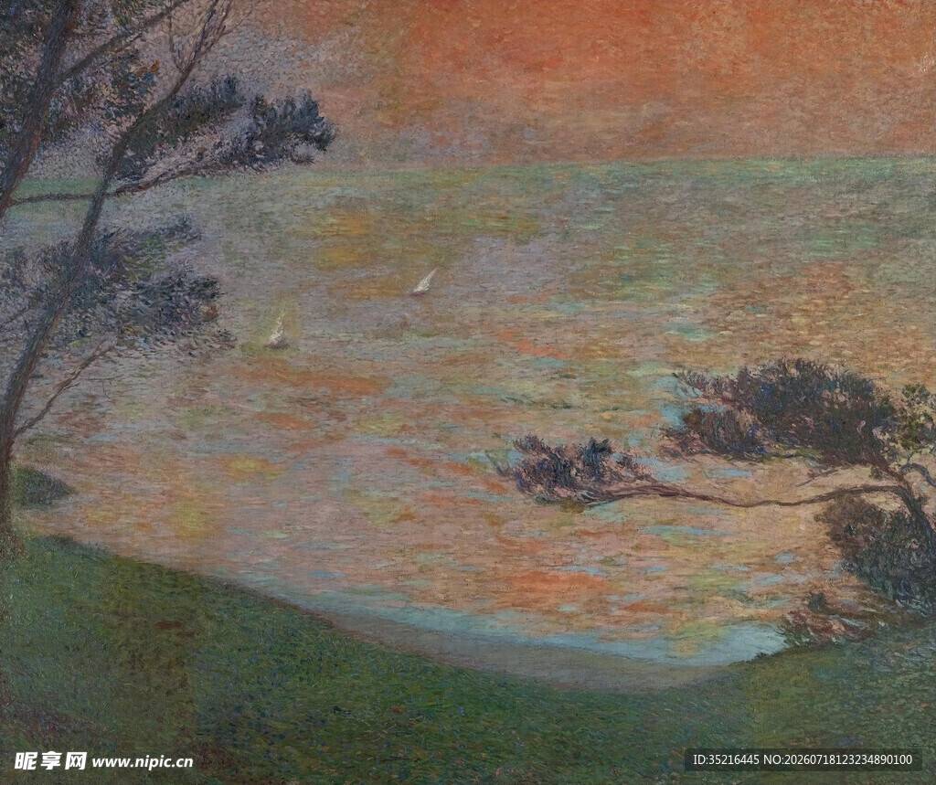 海边黄昏风景油画