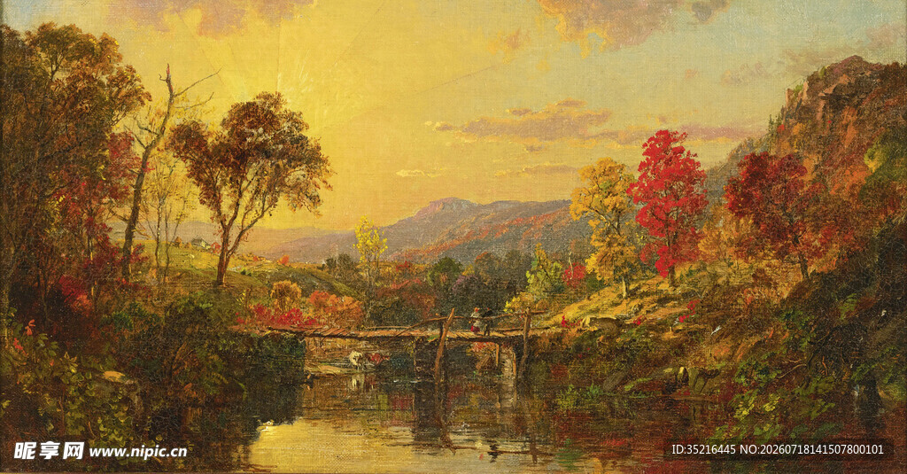 秋日河畔美景油画