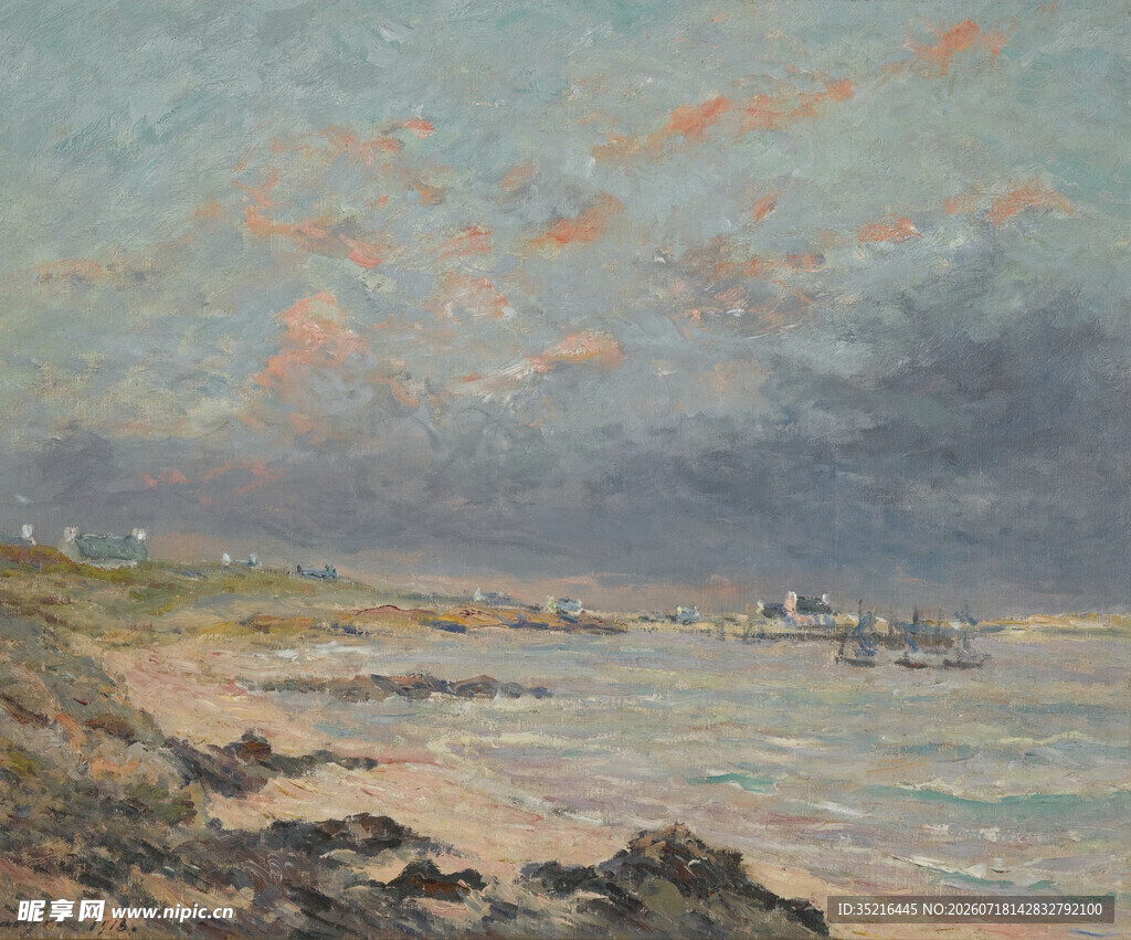 海边黄昏风景油画