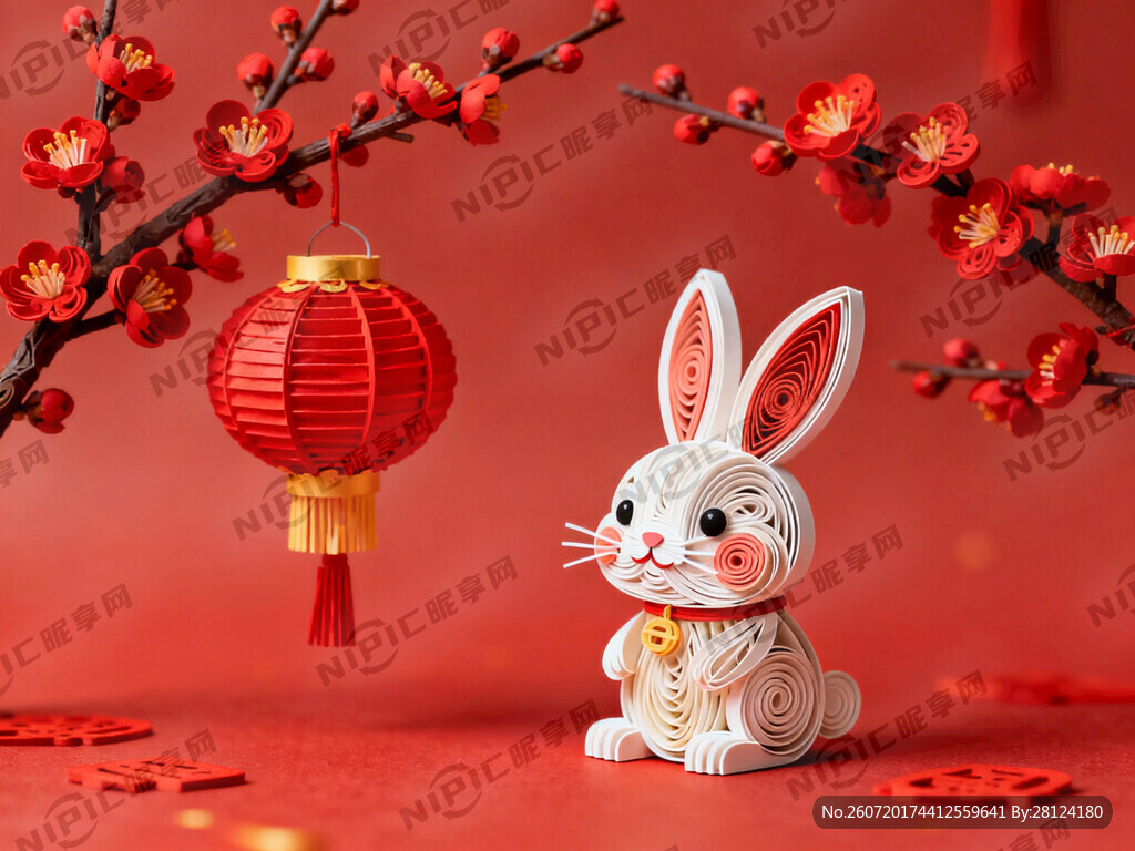 衍纸艺术 春节 可爱兔子 红梅