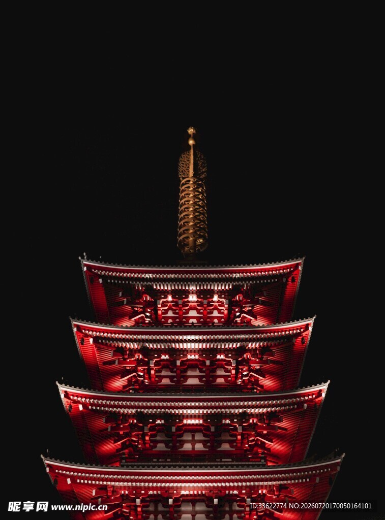 璀璨红色古塔夜景图