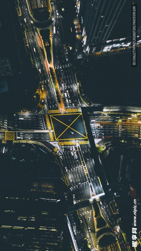 城市夜景交叉路口俯瞰